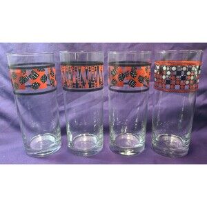 Set of 4 Game On MCM Glass Tumblers 6.5'' Dice Checkers Backgammon Vintage